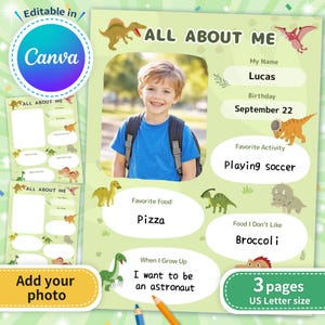 以下が含まれることがあります： 恐竜のイラストが描かれた、緑と白の「All About Me」印刷可能テンプレート。テンプレートには、写真、名前、誕生日、好きな食べ物、アクティビティ、願望のためのスペースが含まれています。「Lucas」という名前と「9月22日」の誕生日が事前に入力されています。