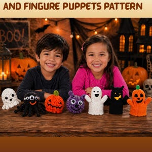 Puede incluir: Una colección de marionetas de mano y dedo de Halloween hechas a ganchillo. Las marionetas incluyen un fantasma blanco, una araña negra, una calabaza naranja, un monstruo morado, un fantasma blanco, un murciélago negro y una calabaza naranja. El texto dice "CROCHET HALLOWEEN HAND AND FINGURE PUPPETS PATTERN."