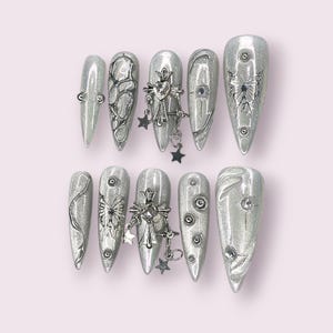 Chrome Silver Press On Nails | 3D Star & Cross Charms with Butterfly Art | Long Stiletto Gothic Fairycore Nails | Handmade Glam Nail Set
