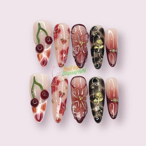 Cherry Rose 3D Press On Nails | Elegant Burgundy and Gold Flower Oval Nails | Handmade Gel Nail Art for Party, Gift or Everyday Glam