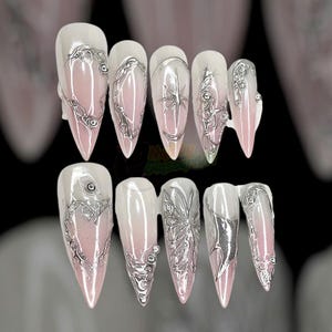 Chrome silver 3D press on nails, long stiletto fake nails, metallic ombre nail art, edgy futuristic nails for party  fashion statement looks