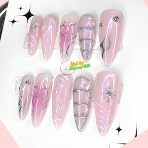 Y2K Pink Chrome Press On Nails | 3D Heart Cyber Nail Art | Holographic Fake Nails with Silver Details | Handmade Futuristic E-girl Nails