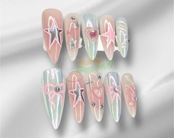 Y2K Pink Star Press On Nails: Chrome Heart, Kawaii Coffin Nails