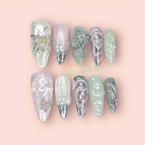 Y2K Chrome Press On Nails | Butterfly Pearl 3D Fantasy Nail Art | Shiny Silver Pink Fake Nails | Handmade Glam Nails for Party & E-girls