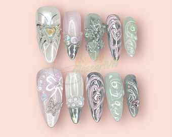 Y2K Chrome Press On Nails: Butterfly Pearl 3D Nail Art