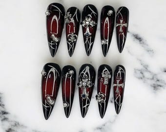 Gothic Cross Press On Nails: Red Black Ombre Stiletto - Halloween Nail Art