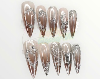 Handmade Chrome Stiletto Press On Nails: Gothic Cyberpunk Nail Art