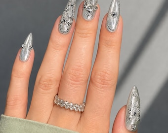 Chrome Silver Press On Nails: 3D Star, Cross & Butterfly - Gothic Fairycore Stiletto