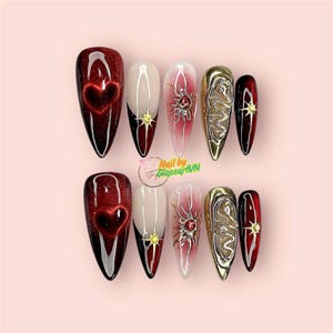 Dark Romance Press On Nails | Red Black Cat Eye Heart Nails | 3D Gold Chrome Fake Nail Set | Handmade Gothic Nails for Party & Valentine