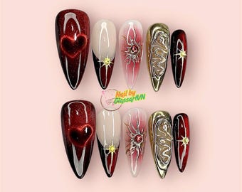 Red Black Cat Eye Press On Nails: 3D Gold Chrome Heart, Gothic Valentine