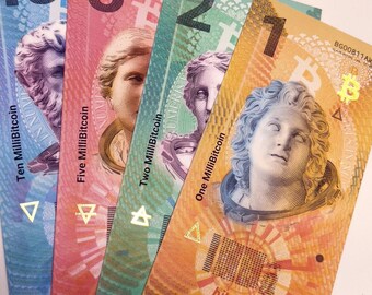Millibitcoin (mBTC) Banknote - Unloaded Paper Cryptonote - Bitcoin Note (1, 2, 5, 10 Available)