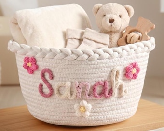 Cesta para bebé personalizada hecha a mano, cesta tejida con monograma, regalo para bebé, regalo para baby shower, organizador de juguetes, cesta para bebé, cesta de almacenamiento,