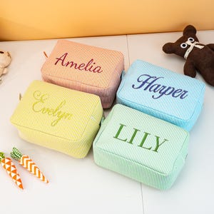 Embroidered Name Seersucker, Women Monogrammed Toiletry Bag, Cosmetic Bag, Bridesmaid Gift Bag, Personalized Seersucker Makeup Bag