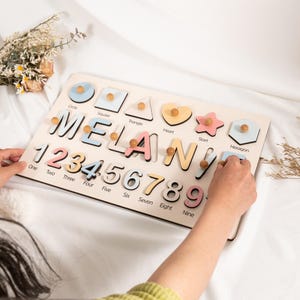 Personalized Wooden Name Puzzle for Girls, Colorful Educational Toy with Name, Numbers 1-10 & 7 Custom Elements, Perfect for Preschoolers