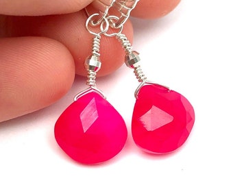 Pink chalcedony earrings, lever back chalcedony earrings, chalcedony jewelry, sterling silver, chalcedony drop earrings, hot pink chalcedony