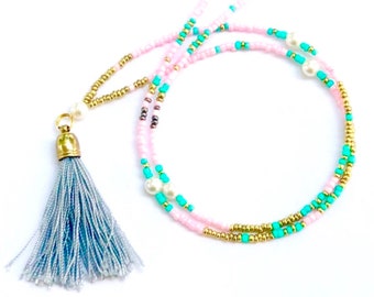 Collier Boho Tassel, bijoux gland, cols de couleurs pastel, collier de perles swarovski, collier de gland de perles swarovski, or, rose