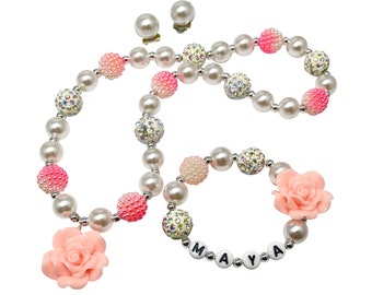 Flower girl necklace, flower girl bracelet, flower girl jewelry set, flower necklace pink white pearl, personalized flower girl bracelet