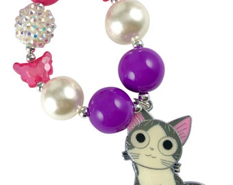 Girls jewelry, purple necklace girls, cat necklace girls, cat jewelry girls, cat necklace purple toddler gift, cat pendant necklace girls