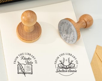 Sello de libro, mango de madera personalizado, sello redondo de boda, sello de boda personalizado, sello de papelería con iniciales, sello de agradecimiento, sello de monograma