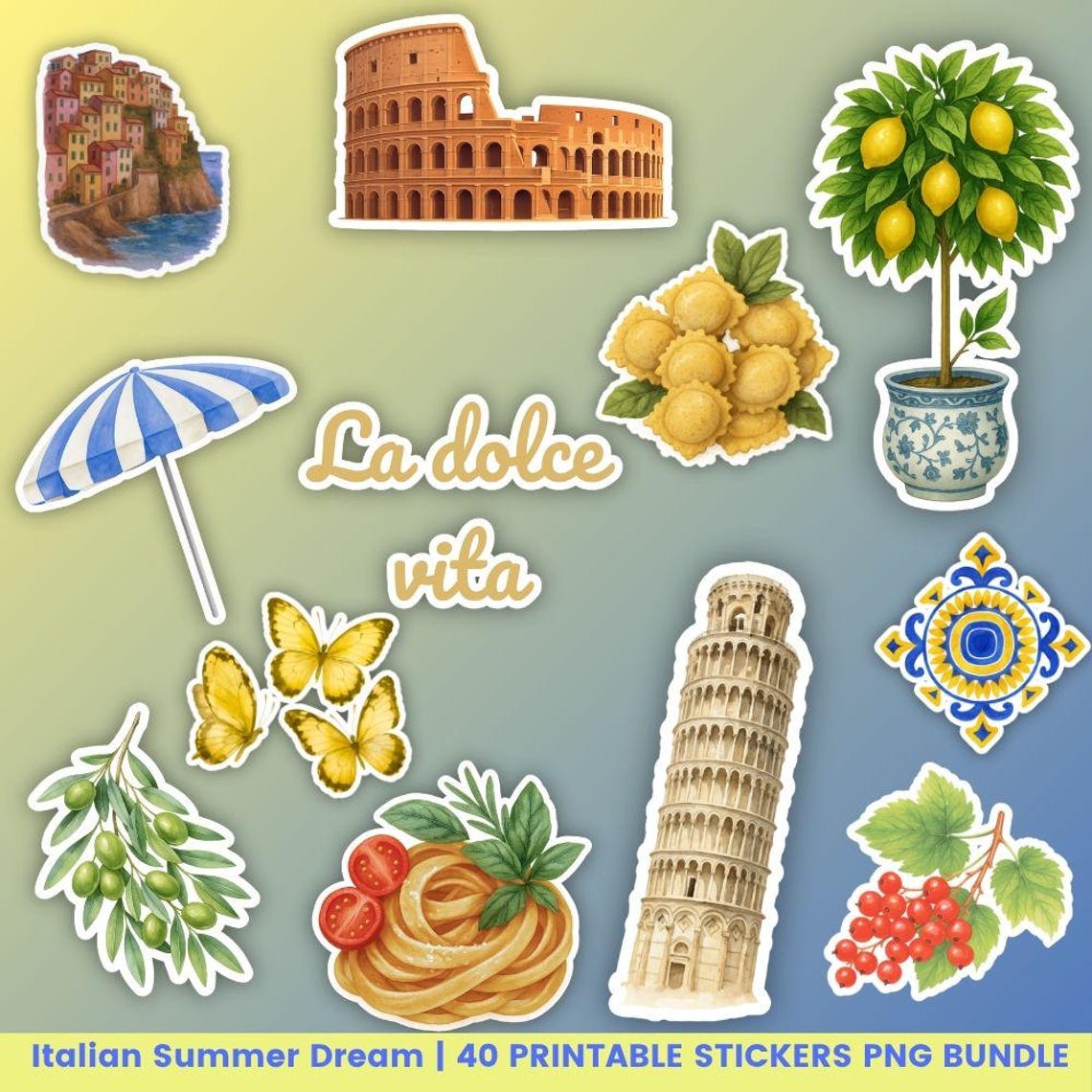 Italian Riviera Sticker Printable Stickers Set With Italian Summer Vibes - La Dolce Vita Theme ...