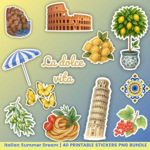 Printable Stickers Set with Italian Summer Vibes - La Dolce Vita Theme for Cricut & Journaling