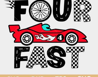 Four Fast Race Car Birthday Boy Svg, Kid boy 4 Years Old Birthday Svg Png, Racing Car Retro Checkered Svg