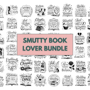 Könnte beinhalten: Eine Sammlung von schwarz-weißen Grafikdesigns mit verschiedenen buchbezogenen Illustrationen und Typografien, darunter Phrasen wie Plot Twists Turn Me On, Smut Is My Cardio und Bookish Chaos, zentriert um ein rosafarbenes Rechteck mit Text.