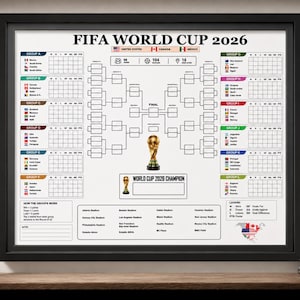 May include: A framed FIFA World Cup 2026 tournament wall chart featuring a central bracket, group stage tables with national flags, a list of host stadiums, and a gold trophy illustration. The white poster includes black text and lines.