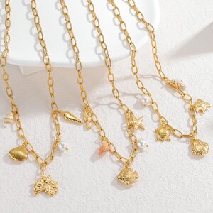 Ocean Theme Necklace, Starfish Shell Turtle Fish Seahorse Charms Necklace, Beach Surfer Girl Jewelry, 18K Gold Plated Choker, Gift for Her