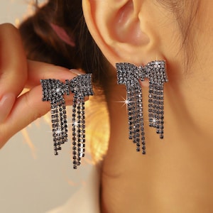 Bow Rhinestone Earrings, Long Glittery Tassel Dangle Earrings, Y2K Sparkly Jewelry,Wedding Guest Gift,Women&#39;s Party Accessories,Gift for Her
