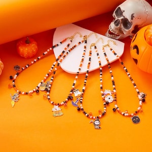 Halloween Multi Charm Necklace/Cat Pumpkin Bat Ghost Necklace/Whimsical Novelty Halloween Necklace/Halloween Jewelry/Spooky Fall Jewelry