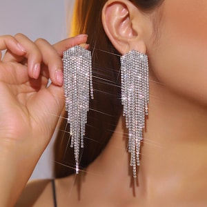 Boho Chic Rhinestone Earrings, Glittery Tassel Dangle Earrings, Handmade Jewelry, Y2K Sparkly Gift, Women&#39;s Party Accessories, Gift for Her