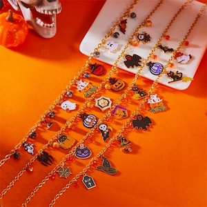 Halloween Multi Charm Necklace/Cat Pumpkin Bat Ghost Necklace/Whimsical Novelty Halloween Necklace/Halloween Jewelry/Spooky Fall Jewelry