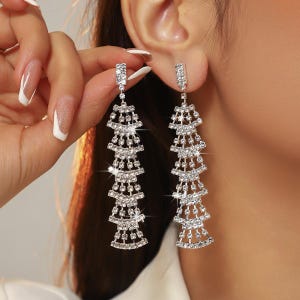 White Diamond Long Tassel Earrings,Christmas Tassel Earrings,Christmas Tree Tassel Earrings, Bridal Earrings, Wedding Jewelry, Gift for Her