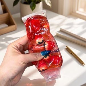 May include: A clear, squeezable tube-shaped toy filled with red liquid, glitter, and multiple small strawberry-shaped charms. The front of the transparent plastic container features the white text Chiboki Decompression toys printed clearly.