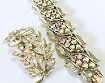 Coro Aurora Borealis Rhinestones Leaves Bracelet Brooch Set – Rainbow AB Link Panels – Mid Century Demi Parure – 1960s