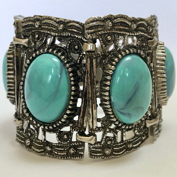 Wide Ornate Vintage Panel Link Bracelet – Big Blu… - image 1