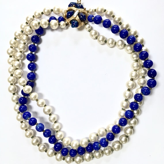 MARVELLA Faux Pearl & Blue Lapis Art Glass Bead N… - image 1