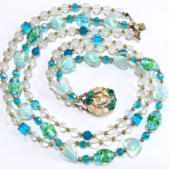 Teal Blue Art Glass Three Strand Necklace – Aqua … - image 6