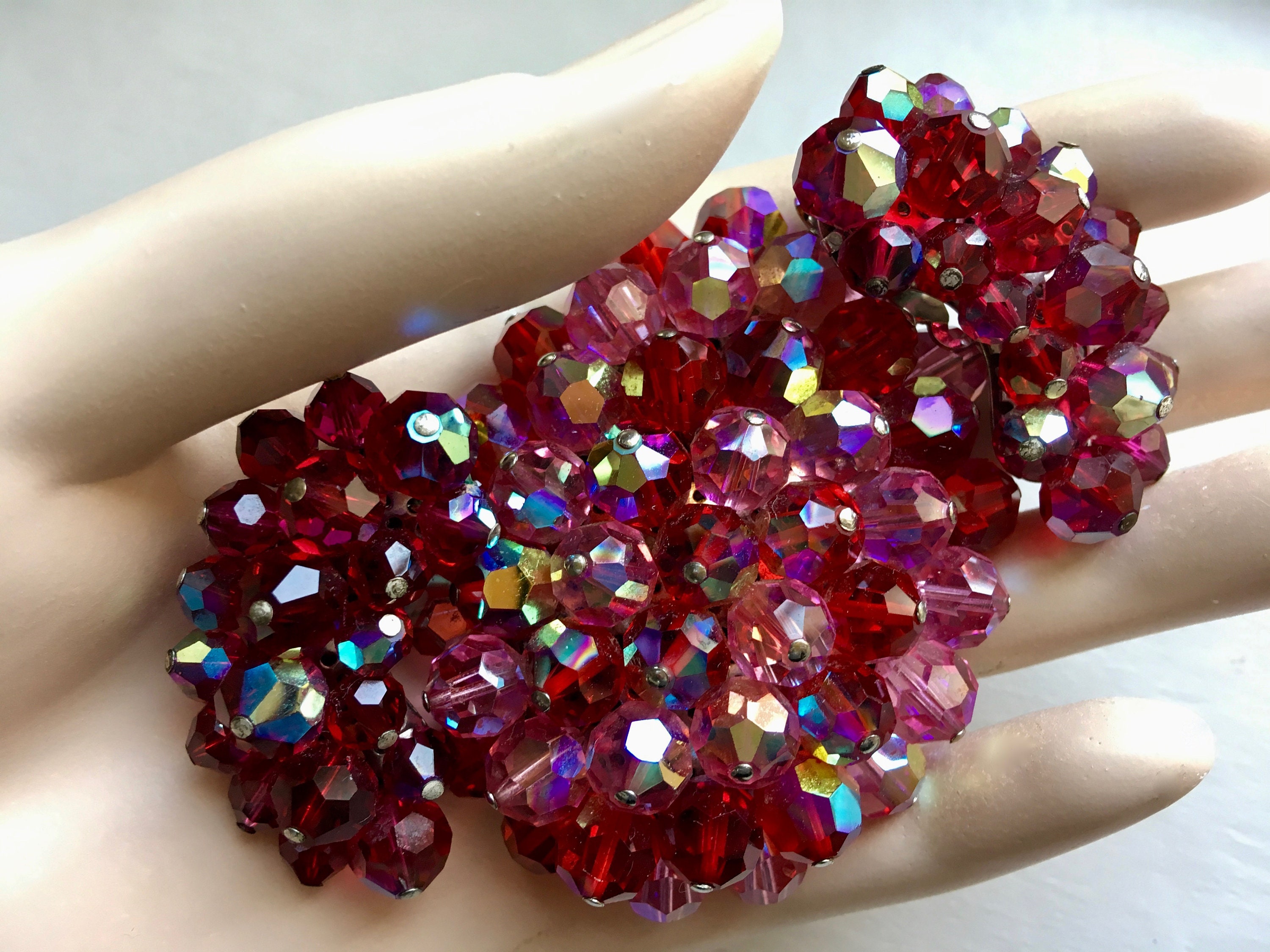 Raspberry Colored Crystals Vintage Brooch Earrings Cha Cha Etsy