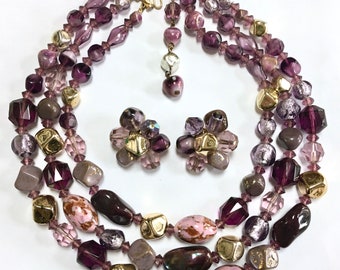 Hattie Carnegie Venetian Purple Art Glass Triple Strand Clip On Earrings Demi Parure Set – Marbled Murano Beads – Designer Signed – 1950s
