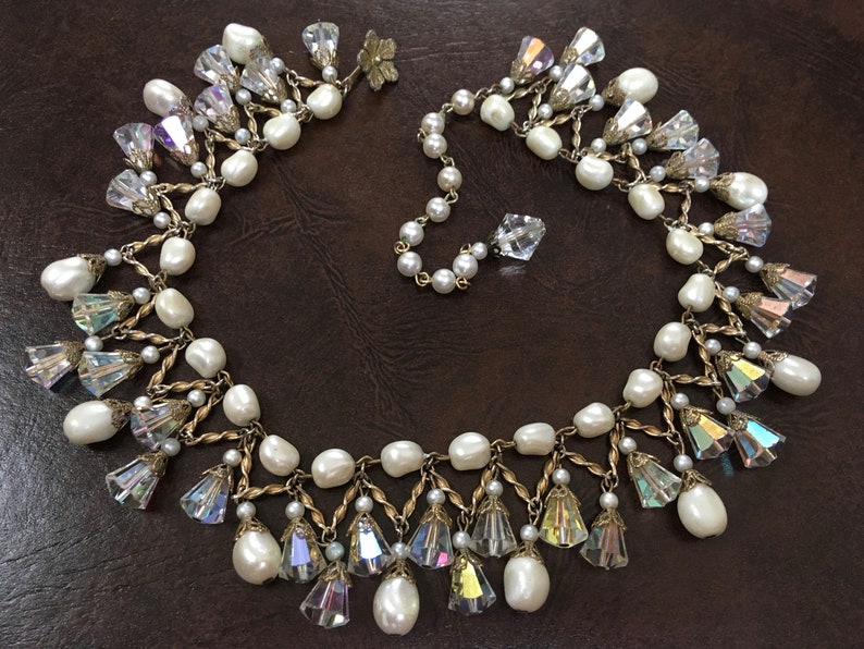 Vendome Crystal Pearl Drippy Fringe Collar Necklace \u2013 High End Costume \u2013 1950s Jewelry