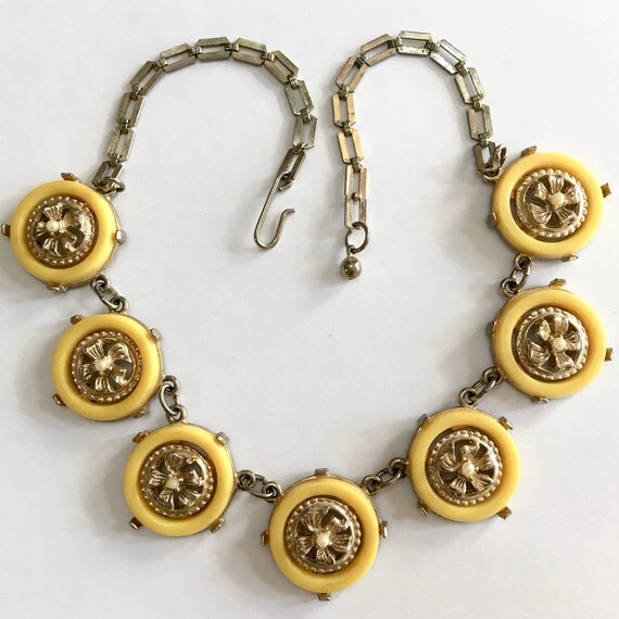 Floral Yellow Lucite Linked Necklace – Ornate Rou… - image 1