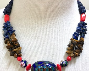 Chinese Cloisonné Bead Gemstone Necklace – Tiger’s Eye Red Glass Blue Lapis – Vintage Artisan Handmade – 1980s