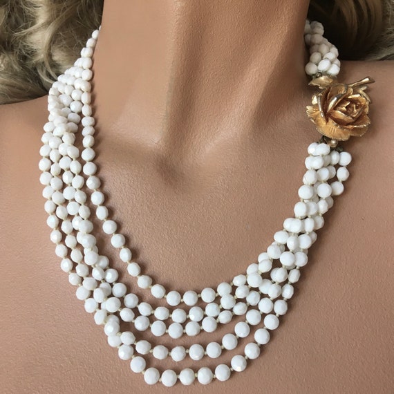 VOGUE Faceted White Milk Glass Beaded Necklace & … - image 3