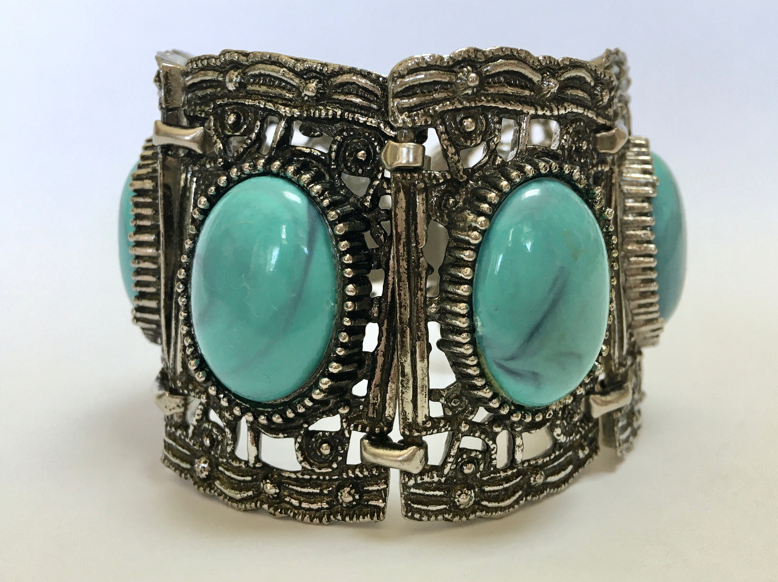 Wide Ornate Vintage Panel Link Bracelet Big Blue Marbled - Etsy