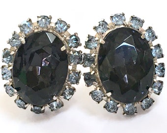 Big D&E Dark And Sky Blue Glass Rhinestone Clip On Earrings – Juliana Delizza Elster Silver Tone – 1960s