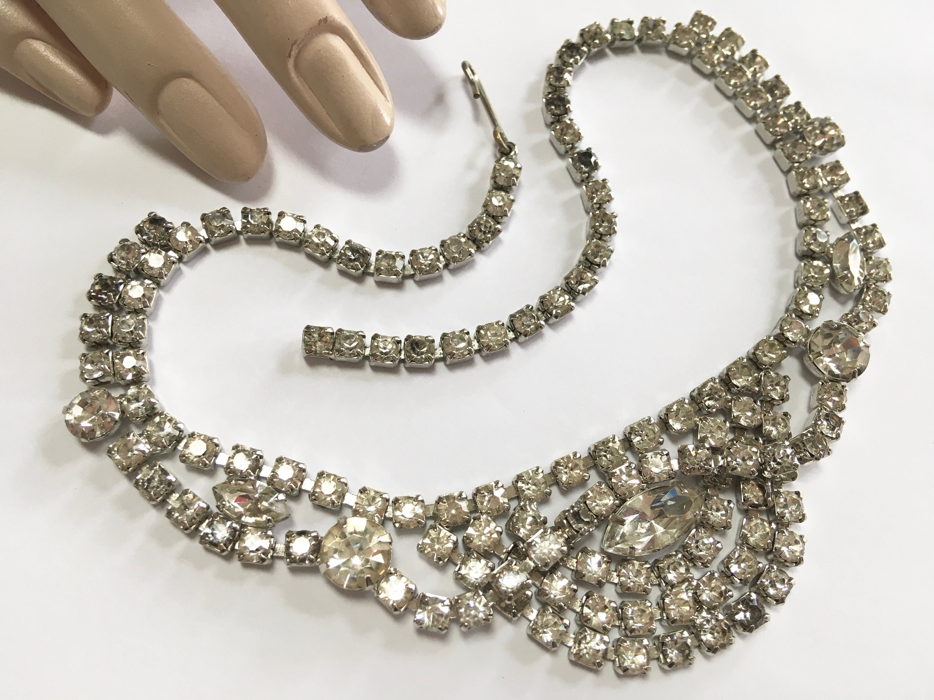 Art Deco Clear Rhinestone Swag Necklace Mid Century Silver Tone Draped