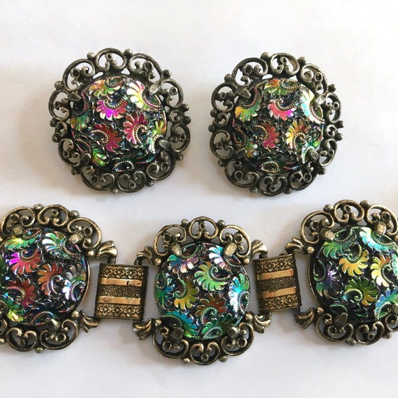 Signed Judy Lee Carnival Glass Bracelet Earrings … - image 1