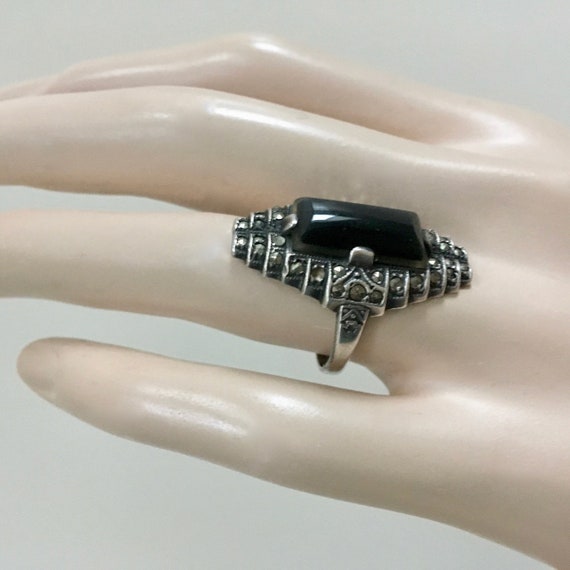 Art Deco Black Onyx & Marcasite Sterling Silver R… - image 8